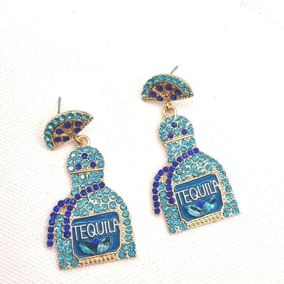 New TEQULIA BOTTLE TURQUOISE & COLBOLT BLUE rhinestone earrings - Picture 7 of 12